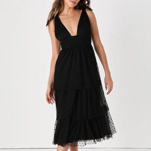 NWT Lulu's Tier's to Us Black Swiss Dot Tie-Strap Tiered Midi Dress